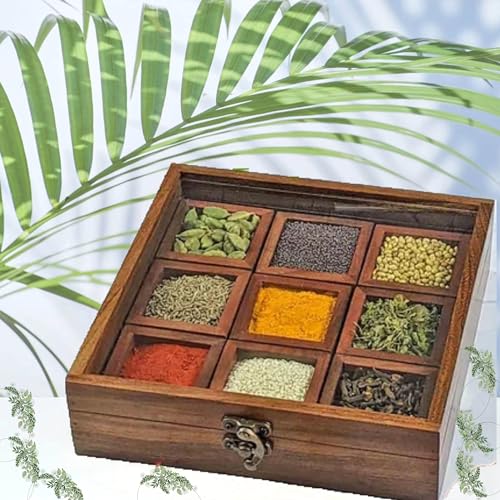India House - Masala Dabba Indian Wooden Spice Box with Glass Top and Spoon (8 inch) von India House