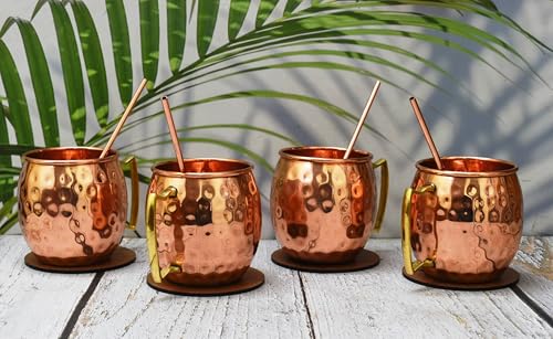 India House- Moscow Mule 16 oz Cup Set | Cocktail Cup Set | 100% Copper with brass handle | Copper Glasses | Party Gift (set of 4 hammered mug - brass handle (4 coaster, 4 straw free)) von India House