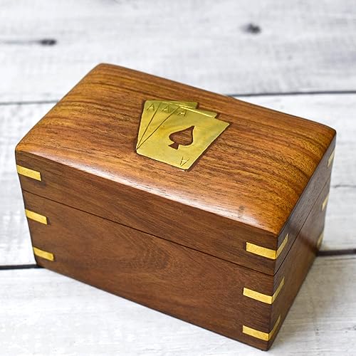 India House- Playing Cards Holder,Handmade Wooden Card Storage Box With Brass Inlay Design, Anniversary Birthday Gifts "Made in India" (Design 4) von India House