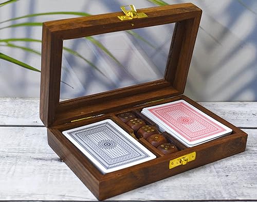India House- Playing Cards Set of 2 in Handmade Wooden Storage Box Case Holder with 5 dice in Antique Design Anniversary Birthday Gifts "Made in India" (Design 1) von India House