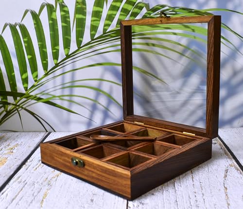 India House- Wooden Spice Box with Glass Lid – 9-Compartment Masala Dabba Organizer with Spoon – Spice Storage Container for Seasonings, Herbs – Gift for Kitchen Lovers- 9x9 inch von India House
