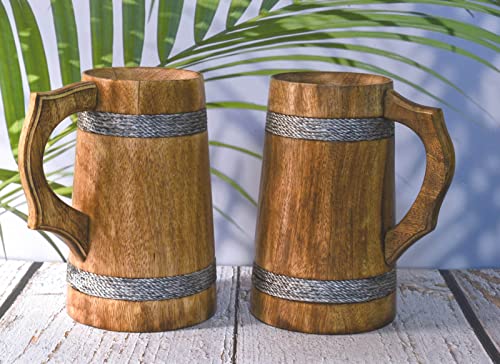 Indischer Bierkrug für Ihn - Wikinger-Stil 20 oz Holzkrug - Trinkkrug Bierkrug aus natürlichem Hartholz - Hochzeits- & Geburtstagsgeschenk für Ihn (2er Set Mangoholz ohne Gravur Bierkrug) von India House