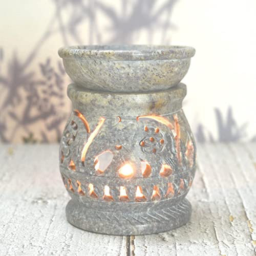Oil Burner Aroma Diffuser|Soapstone Tea Light Holder|Hand Painted Elephant Hand Carved Jali Work|Soapstone|for Aromatherapy (Design 6)… (Natural) von India House