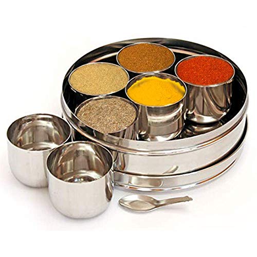 IndiaBigShop Traditionelle Indische Spice Box - Masala Dabba - mit 7 Fach & 2 Löffel Ausgezeichnet Zum Speichern und Verwenden von Gewürzen Schnell 8 X 8 Zoll von IndiaBigShop