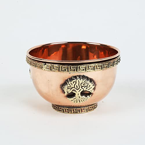 Indian Consigners Kleiner Altar Hexerei Servierschale, Offering oder Smudging Bowl Copper Home Decor Incence Holder (Baum des Lebens Schale) von Indian Consigners