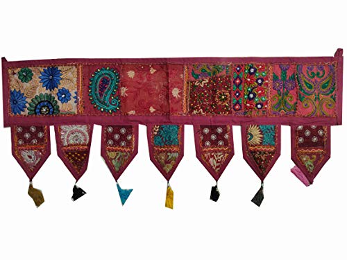 Indische handgemachte traditionelle bestickte Toran Baumwolle Thoranam Tür Wohnzimmer Dekor Bandanwar Home Volant Dekorationen Fensterbehang Böhmische Wand Ethnische Dekorative Vintage (Maroon, 1m) von INDIAN CRAFT CASTLE