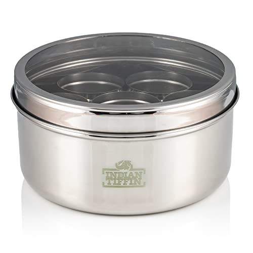 Indian-Tiffin Masala Dabba Luftdichter Gewürzbehälter - Lebensmittelqualität aus Edelstahl - mit Gewürzetiketten & Löffel (Groß (20cm), Klarer Deckel, Keine Deckel auf Innentöpfen) von Indian-Tiffin