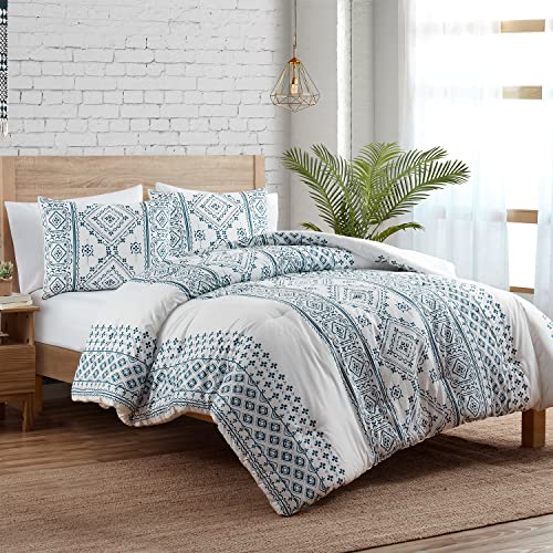 Indigo Ink | White Denim Collection | Weiß/Marineblau Boho Geometrische Streifen bedrucktes Bettdecken-Set, Twin, 2-teilig von Indigo Ink