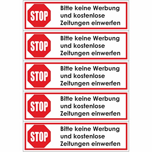 Briefkastenaufkleber - Achtung Stop Bitte Keine Werbung! 10 Aufkleber 70x20mm - Keine kostenlosen Zeitungen, Handzettel, Wurfsendungen und Wochenzeitungen! von INDIGOS