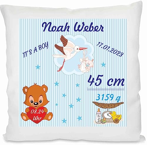 Indigos UG - Kissen Baby - Junge mit Storch - zur Taufe oder Geburt - indivdiduell personalisiert selbst gestalten - Name, Gewicht, Größe Datum - Geburtskissen - Babygeschenk Indigos UG - Kissen Baby - Junge mit Storch - zur Taufe oder Geburt - indivdiduell personalisiert selbst gestalten - Name, Gewicht, Größe Datum - Geburtskissen - Babygeschenk von Indigos
