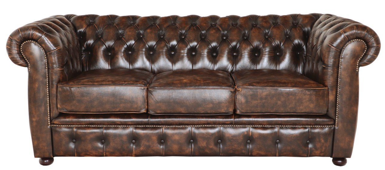 Indischesmoebelhausde Chesterfield-Sofa Dreisitzer-Sofa Chesterfield Liverpool aus echtem Rindsleder Whisky von Indischesmoebelhausde