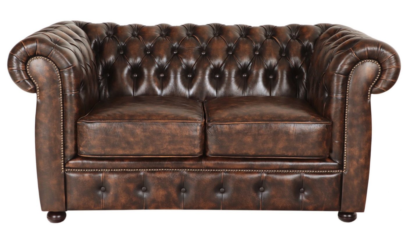 Indischesmoebelhausde Chesterfield-Sofa Zweisitzer-Sofa Chesterfield Liverpool aus echtem Rindsleder Whisky von Indischesmoebelhausde