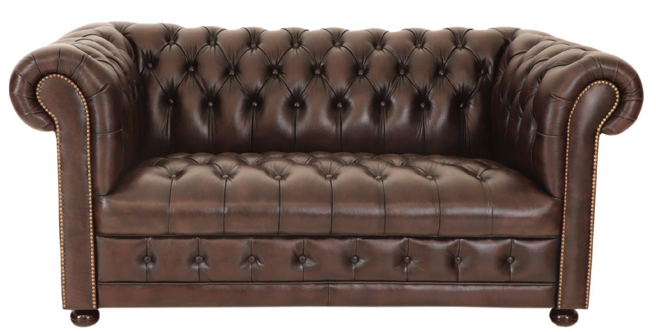 Indischesmoebelhausde Chesterfield-Sofa Zweisitzer-Sofa Chesterfield Manchester aus echtem Rindsleder Braun von Indischesmoebelhausde