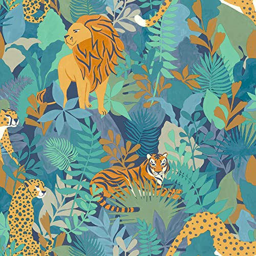 Tierreich Exotic Tier Bedruckte Tapete Kinderzimmer Löwen, Leoparden Tiger Tropische Blätter Blau Grau Orange Senf GelbHolden 13073 von Holden Decor