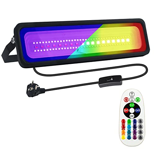 Indmird RGB LED Strahler 50W LED Schwarzlichtlampe mit Fernbedienung 12 Farben UV Schwarzlicht IP66 Wasserdicht UV+RGB Flutlicht Partylicht Blacklight für Neonfarbe, Party, Bühnen, Garten, Halloween von Indmird