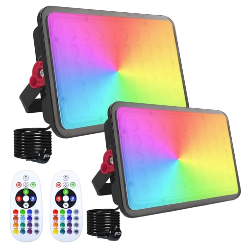 Indmird RGB LED Strahler 100W, 2 Stück RGB Strahle mit Fernsteuerung, IP66 Wasserdich RGB Fluter Farbwechsel Dimmbar Gartenbeleuchtung Partylichter für Garten Party Halloween Baum Stimmungslicht von Indmird