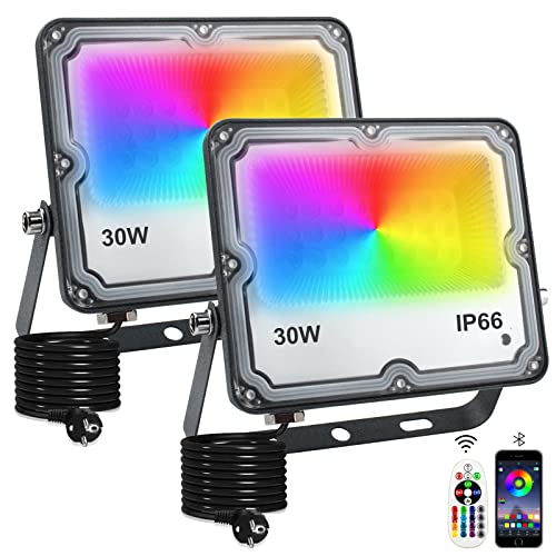 Indmird RGB Strahler 30W RGB LED Strahler Außen mit Bluetooth APP Steuerung IP66 Wasserdich Außenstrahler Smart RGBW Farbwechsel Dimmbar Flutlichtstrahler Stimmungslicht für Garten Party Bühnen von Indmird