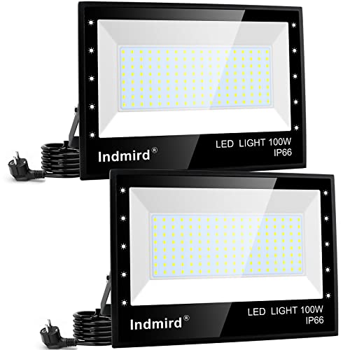 Indmird LED Strahler Außen 100W, 2 Stücke Superhell 10000LM Led Fluter 6500K Kaltweiß Led Scheinwerfer mit Stecker IP66 Wasserfest Baustrahler Flutlicht Außenstrahler für Garten Hof Garage Sportplatz von Indmird