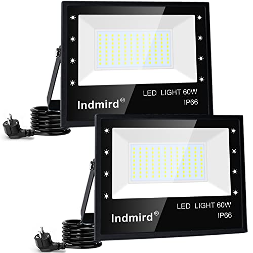 Indmird LED Strahler Außen 60W, 2 Stücke Superhell 6000LM Led Fluter 6500K Kaltweiß Led Scheinwerfer mit Stecker IP66 Wasserfest Baustrahler Flutlicht Außenstrahler für Garten Hof Garage Sportplatz von Indmird