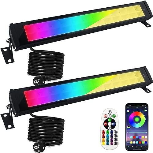 RGB Strahler 50W, 2 Stück RGB Wallwasher Licht mit Bluetooth APP Steuerung, 3000K Warmweiß Flutlichtstrahler Dimmbar LED Bar IP66 Wasserdicht Smart Partylichter für DJ Garten Halloween Bühnenlichter von Indmird