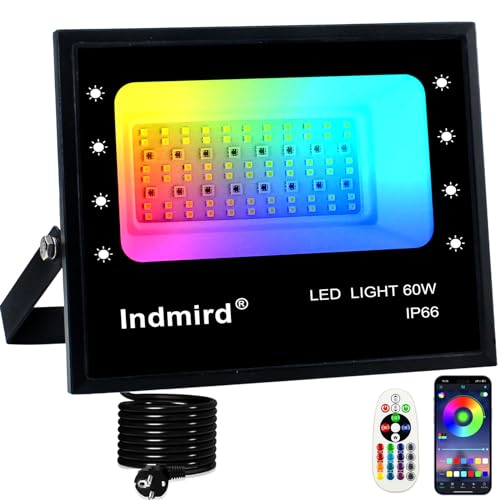 Indmird RGB Strahler 60W RGB LED Strahler Außen mit Bluetooth APP Steuerung IP66 Wasserdich 6500K Außenstrahler Smart RGBW Farbwechsel Dimmbar Flutlichtstrahler Stimmungslicht für Garten Party Bühnen von Indmird