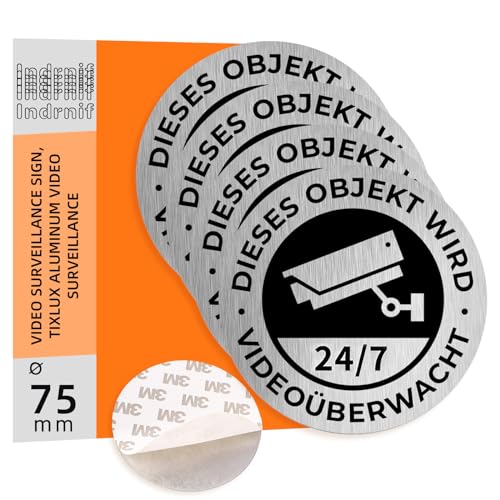 4 Stück Videoüberwachung Alu 3M Aufkleber 75mm Achtung Privatgrundstück Schild Warnschild Kamera Überwachung von Indrnif