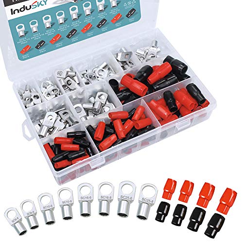 InduSKY 240 Stück Rohrkabelschuh Set Umfassen 120 Stück Kabelschuhe Bolzenloch Verzinnte Kupferklemmen Batterie SC Terminalsatz + 120 Stück Schwarzen und Roten Isoliertüllen von InduSKY