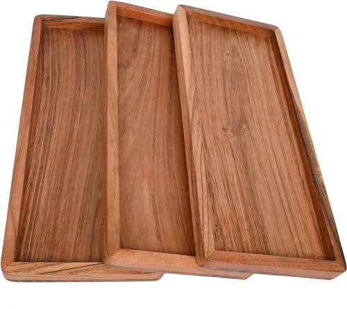 Indus Lifespace Acacia Wood Rectangular Wooden Platters for Home Decor, Food, Vegetables, Fruit, Charcuterie, Appetizer Serving Tray (33.02cm x 13.97cmx 1.90cm) (Set of 3) von Indus Lifespace