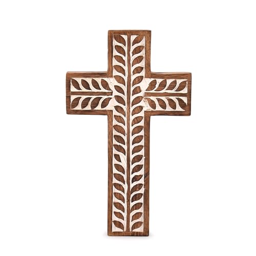Indus Lifespace Mango Wood Religious Catholic Cross Wall Hanging Floral Carvings Living Room Home Décor for Entryway Office Living Room (25.4cm x 15.24cm x 1.90cm) von Indus Lifespace