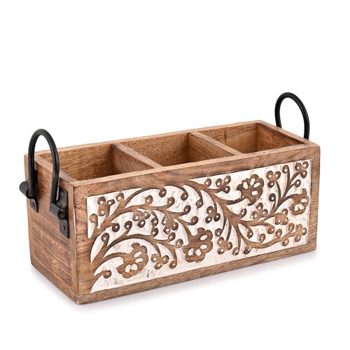 Indus Lifespace Mangoholz Besteckkasten mit 3 Fächern, multifunktionaler Desktop-Caddy für Küche, Arbeitsplatte, Schreibtisch (27,94 cm x 10,16 cm x 11,43 cm) von Indus Lifespace