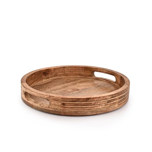 Indus Lifespace Serviertablett aus Mangoholz, rundes Serviertablett mit Griffen zum Servieren von Getränken und Speisen auf der Bar, Wohnzimmer, Esstisch, 30,5 x 30,5 x 4,1 cm von Indus Lifespace
