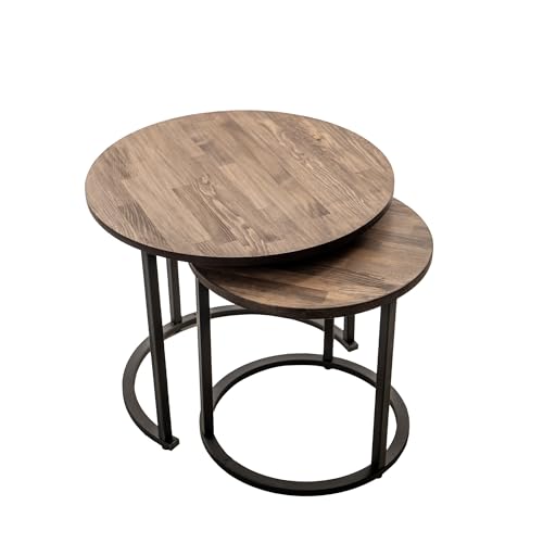 Industrial Living Couchtisch – Runder Salontisch – Kiefer massiv – Beistelltisch – 2er Set – Walnuss – Metallrahmen - Schwarz von Industrial Living