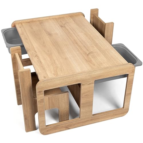 Industrial living Kindertisch mit 2 grauen Schubladen - Kinderschreibtisch mit 2 Stühlen - Spieltisch - Aktivitätstisch - Zeichentisch - Holz - Walnuss von Industrial Living