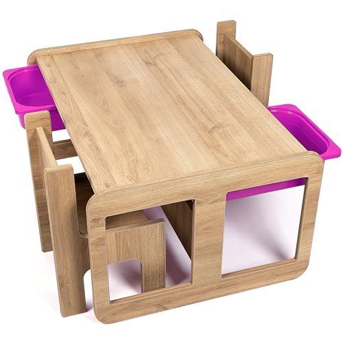 Industrial living Kindertisch mit 2 lila Schubladen - Spieltisch mit 2 Hochstühlen - Kinderschreibtisch - Aktivitätstisch - Spieltisch - Holz - Walnuss von Industrial Living