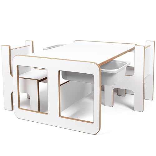 Industrial living Kindertisch mit 2 weißen Schubladen - Kinderschreibtisch mit 2 Stühlen - Spieltisch - Aktivitätstisch - Zeichentisch - Holz - Weiß von Industrial Living