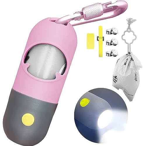 Hundekotbeutelspender mit integrierter LED-Taschenlampe und Robuster Karabiner, Zubehör für Hundeleinen, Freihand-Beutelhalterfür das Gehen mit dem Hund (Rosa) von Infinite Node