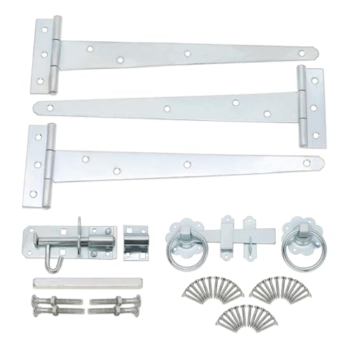 Robuste 25,4 cm T-Scharniere (3) mit einfachem Ring-Torriegel und Brenton-Bolzen-Packung in verzinktem Zink-Finish – Gartentor-Montageset für Holzschuppentüren und Garagentore von Infinity Decor