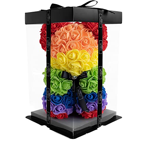 Infinity® - Rosen Bär mit Geschenkbox & über 300 handbeklebten ewigen Rosen mit Duft - Geschenk für Frauen, zum Geburtstag oder Jahrestag (Rosen Teddybär Rainbow in 25cm) von Infinity Flowerbox