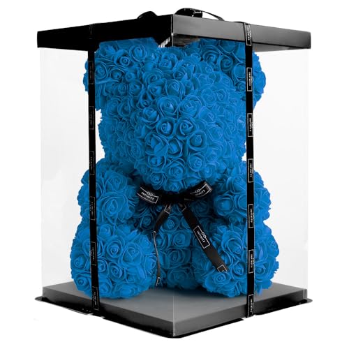Infinity® Rosenbär 40cm mit Box & über 600 handbeklebten ewigen Rosen mit Duft - Geschenk für Frauen, zum Geburtstag oder Jahrestag (Rosen Teddybär Blau in 40cm) von Infinity Flowerbox