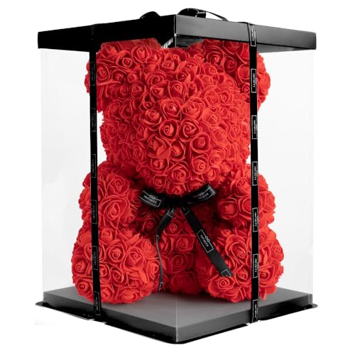 Infinity® Rosenbär 40cm mit Box & über 600 handbeklebten ewigen Rosen mit Duft - Geschenk für Frauen, zum Geburtstag oder Jahrestag (Rosen Teddybär Rot in 40cm) von Infinity Flowerbox