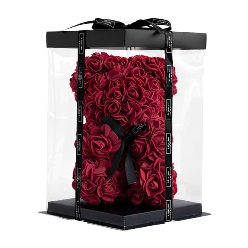 Infinity® Rosenbär Dunkelrot 25 cm – Handgefertigter Bär mit Geschenkbox & über 300 duftenden 3D-Rosen – Geschenk für Frauen, Geburtstag oder Jahrestag von Infinity Flowerbox