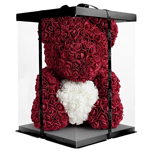 Infinity® Rosenbär Dunkelrot 40 cm mit Herz – Handgefertigter Bär mit Geschenkbox & über 600 duftenden 3D-Rosen – Geschenk für Frauen, Geburtstag oder Jahrestag von Infinity Flowerbox