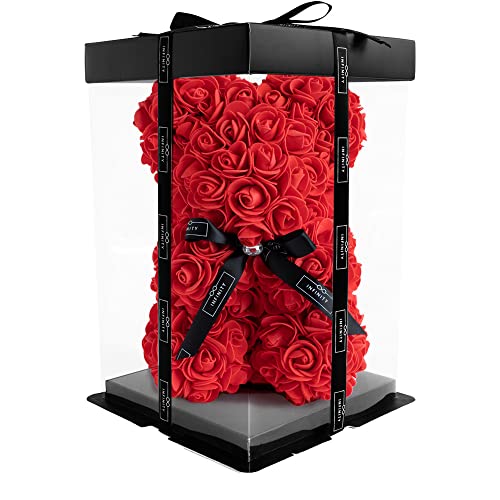 Infinity® - Rosen Bär mit Geschenkbox & über 300 handbeklebten ewigen Rosen mit Duft - Geschenk für Frauen, zum Geburtstag oder Jahrestag (Rosen Teddybär Rot in 25cm) von Infinity Flowerbox