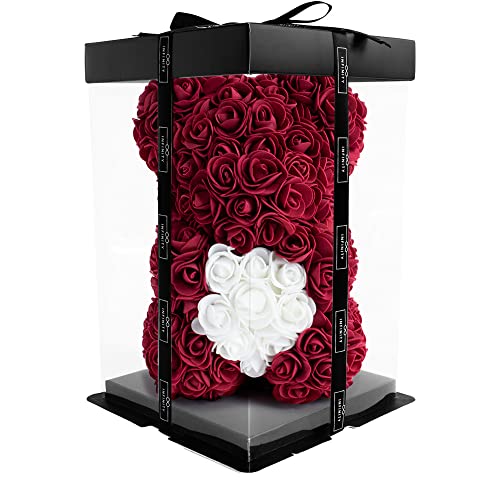 Infinity® Rosenbär mit Herz, Geschenkbox & über 300 handbeklebten ewigen Rosen mit Duft - Geschenk für Frauen, zum Geburtstag oder Jahrestag (Rosen Teddybär Rot in 25cm) von Infinity Flowerbox