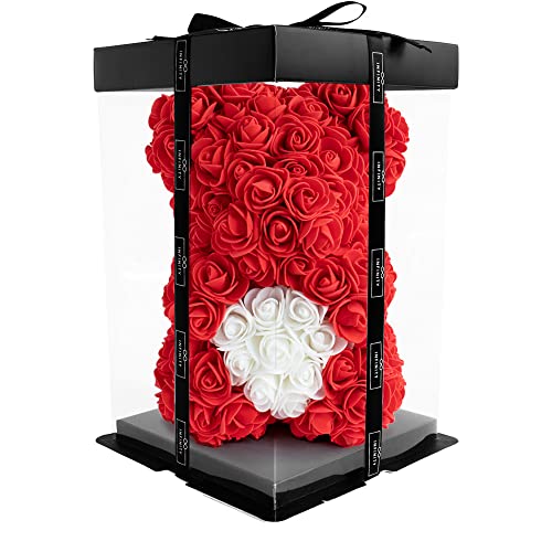 Infinity® - Rosen Bär mit Herz, Geschenkbox & über 300 handbeklebten ewigen Rosen mit Duft - Geschenk für Frauen, zum Geburtstag oder Jahrestag (Rosen Teddybär Rot in 25cm) von Infinity Flowerbox