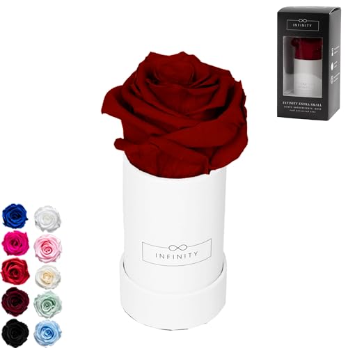 Infinity Flowerbox - 1 echte Infinity Rosen (3 Jahre haltbar ohne Wasser) - Mit Geschenkverpackung geliefert I Handgefertigt in Berlin I Geschenk für Frauen (Dunkelrote Rose in weißer Box) von Infinity Flowerbox