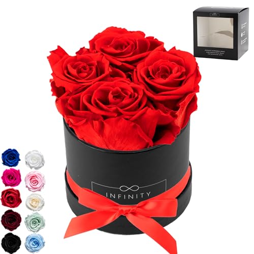 Infinity Flowerbox - 4 echte Infinity Rosen (3 Jahre haltbar ohne Wasser) - Direkt mit Geschenkverpackung geliefert I Handgefertigt in Berlin I Geschenk für Frauen (Rote Rosen mit schwarzer Rosenbox) von Infinity Flowerbox