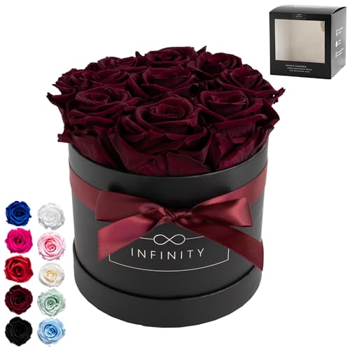 Infinity Flowerbox - 9 echte Infinity Rosen (3 Jahre haltbar ohne Wasser) - Mit Geschenkverpackung I Handgefertigt in Berlin I Geschenk für Frauen (DunkelrotenRosen in schwarzer Rosenbox) von Infinity Flowerbox
