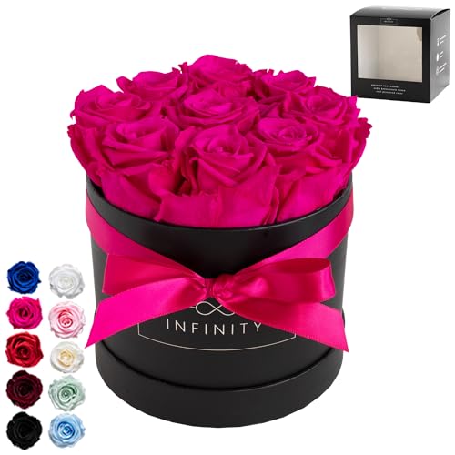 Infinity Flowerbox - 9 echte Infinity Rosen (3 Jahre haltbar ohne Wasser) - Mit Geschenkverpackung geliefert I Handgefertigt in Berlin I Geschenk für Frauen (Pinke Rosen in schwarzer Rosenbox) von Infinity Flowerbox