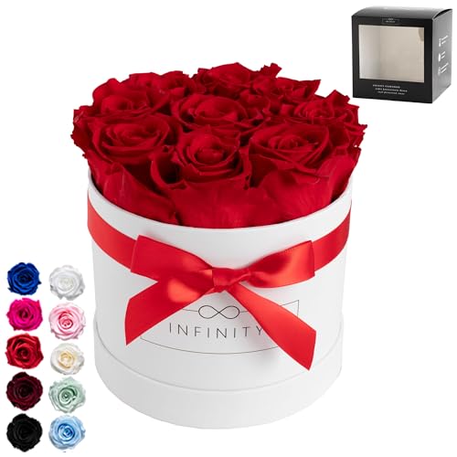 Infinity Flowerbox - 9 echte Infinity Rosen (3 Jahre haltbar ohne Wasser) - Mit Geschenkverpackung geliefert I Handgefertigt in Berlin I Geschenk für Frauen (Rote Rosen in schwarzer Box) von Infinity Flowerbox